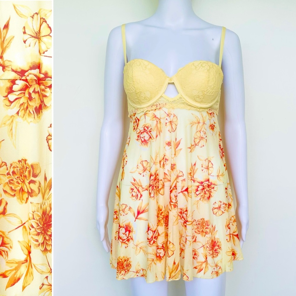 French Affair Babydoll Nightgown Lace Padded Bra Yellow/Orange Floral Sheer